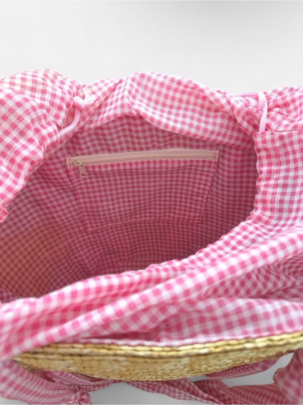 Pink Gingham-Lined Straw Tote Bag - Picture 4 of 6